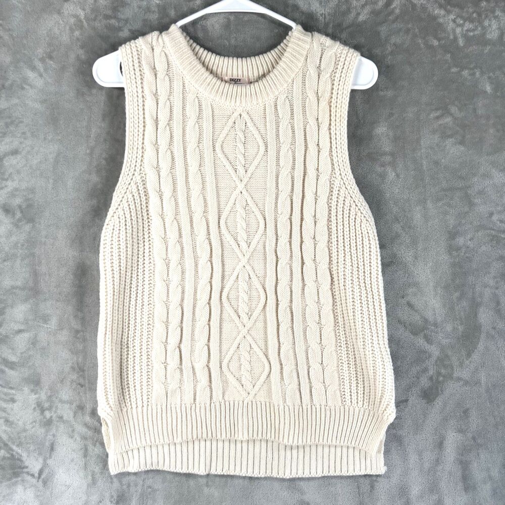Dizzy Lizzy Women’s Cream Cable Knit Sweater Vest Size Medium Oversized Preppy